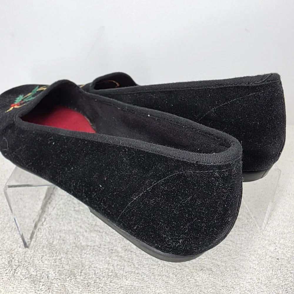 Vintage Christmas Holiday Flats Black Velvet Shoes Jingle Bells Holly SIZE 9